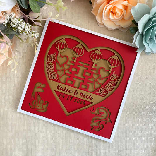 Chinese wedding gift, Red and gold shadow box with personalized names and wedding date