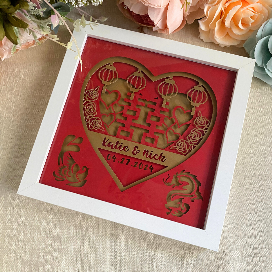 Shadow Box for Chinese Weddings in red and gold with double happiness symbol inside a 8x8 white frame