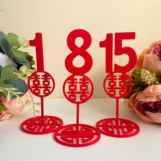 Chinese wedding table numbers with shuang xi double happiness symbol in red