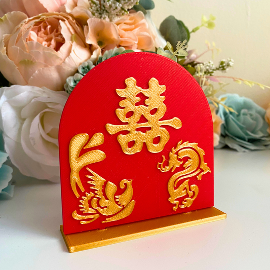 Red and gold Chinese wedding table number holders with double happiness symbol