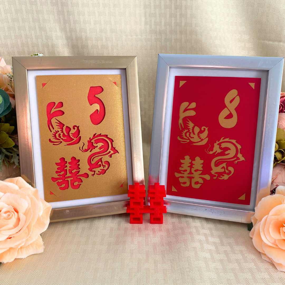 Gold and red table number made of cardstock with double happiness cutout for Chinese weddings